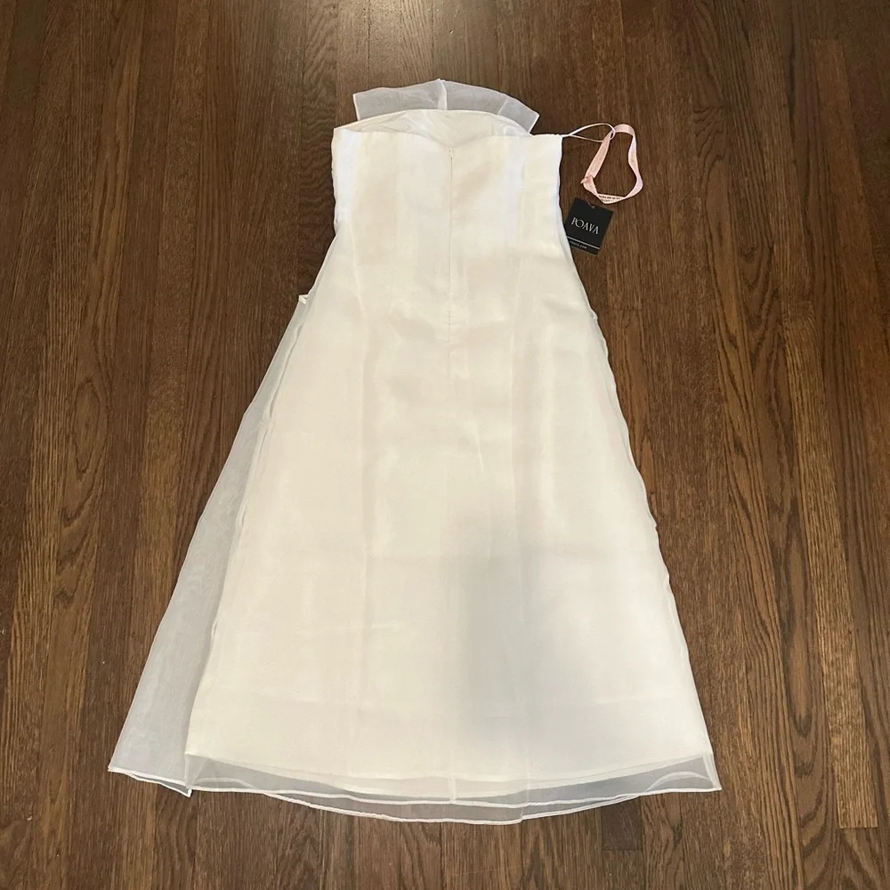 Elegant Strapless White Midi Dress with Draped Bodice - Picture 5 of 7